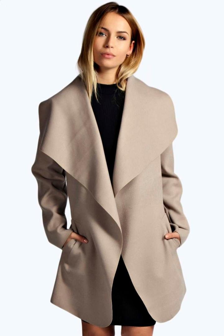 Boohoo Abigail Waterfall Coat Stone