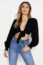 Boohoo Linen Look Shirred Cuff Tie Front Crop
