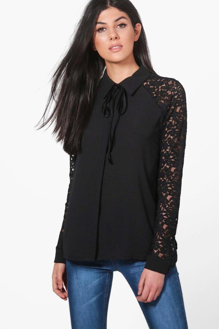 Boohoo Nicole Lace Sleeve Woven Shirt Black