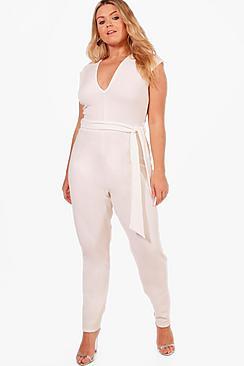 Boohoo Plus Darcy Crepe Plunge Tie Waist Jumpsuit