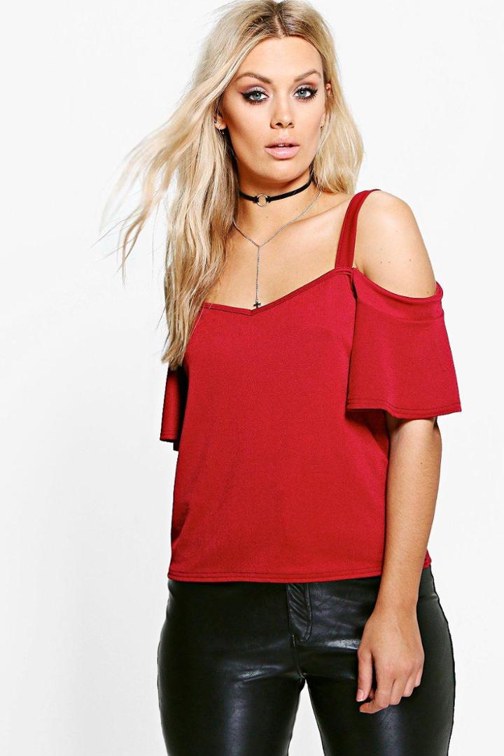 Boohoo Plus Layla Crepe Ruffle Cold Shoulder Top Wine