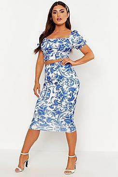 Boohoo Porcelain Print Midi Tube Skirt