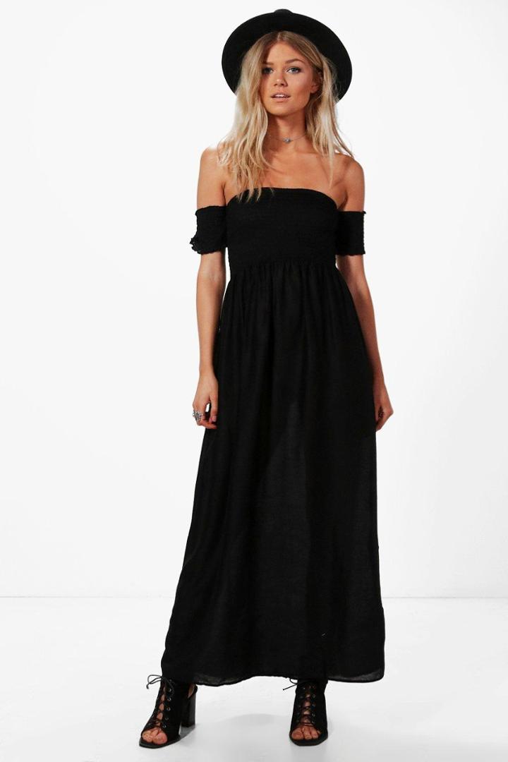 Boohoo Petite Bryony Off The Shoulder Shirred Dress Black