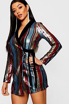 Boohoo Sequin Stripe Velvet Collar Blazer Dress