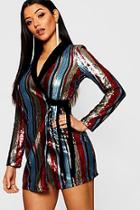 Boohoo Sequin Stripe Velvet Collar Blazer Dress