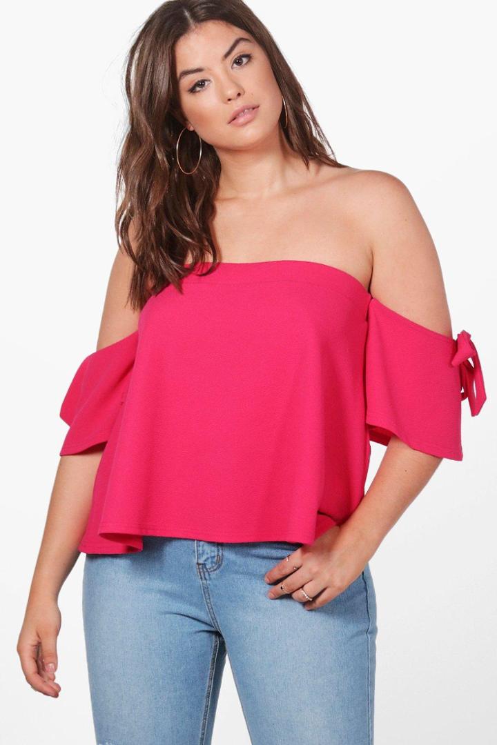 Boohoo Plus Kelly Off The Shoulder Bow Top Cerise