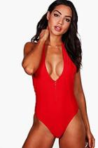 Boohoo Ibiza Plunge Zip Front Swimsuit