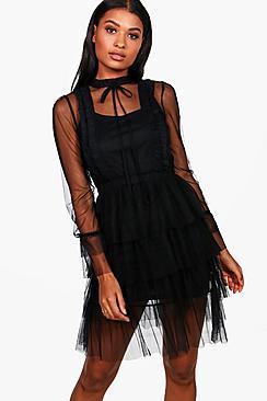 Boohoo Boutique Emma Mesh High Neck Tierred Dress