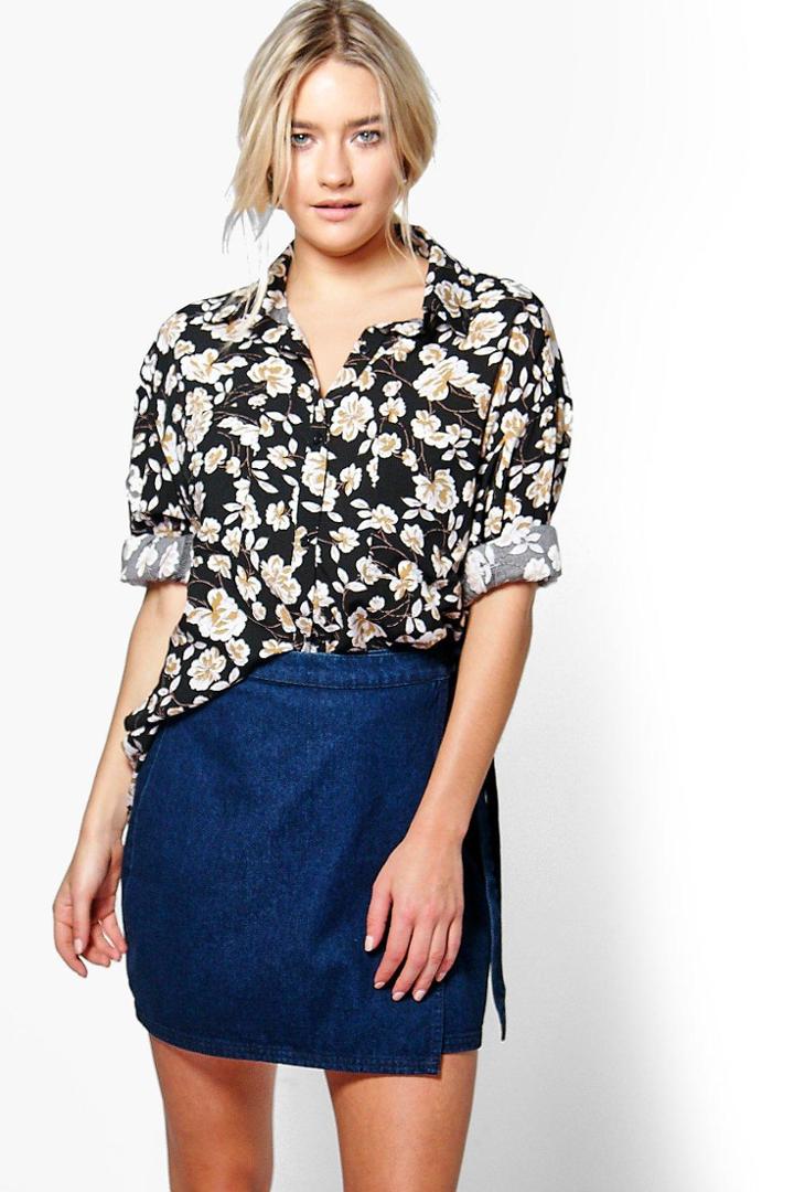 Boohoo Chantelle Tie Wrap Front Denim Mini Skirt Indigo