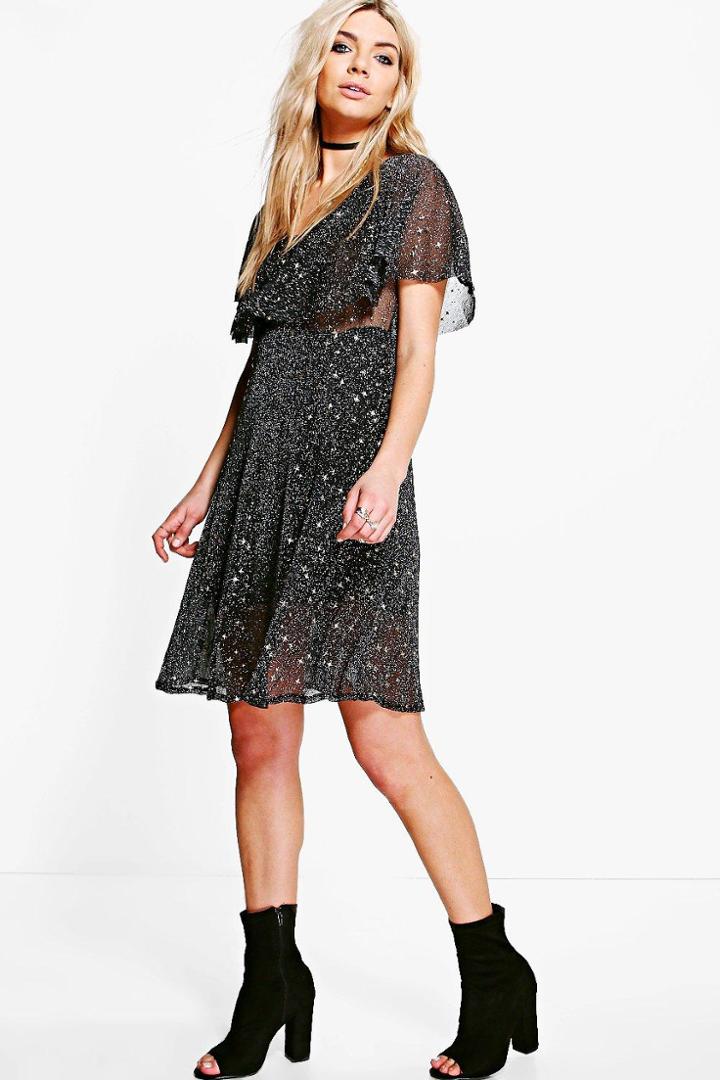 Boohoo Boutique Lottie Metallic Star Skater Dress Silver