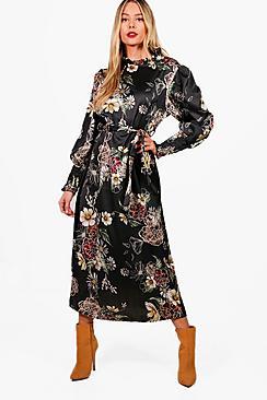 Boohoo Frankie High Neck Volume Sleeve Floral Midi Dress