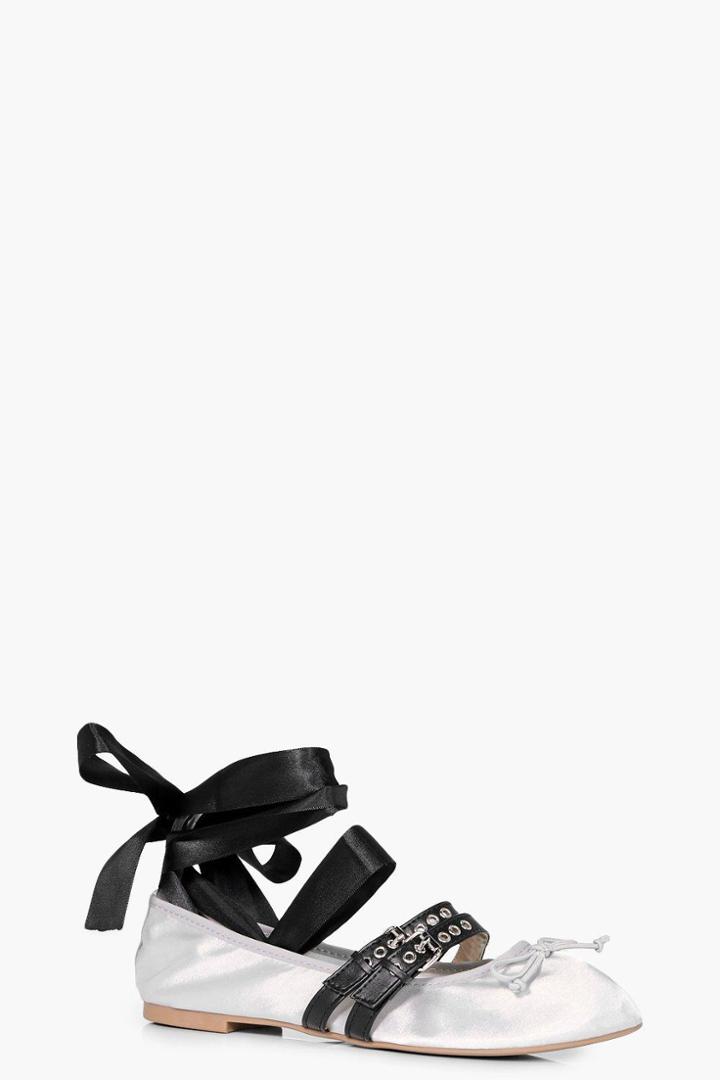 Boohoo Heather Gingham Ribbon Lace Up Ballet Silver