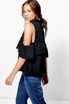 Boohoo Lara Woven Ruffle Cold Shoulder Top Black