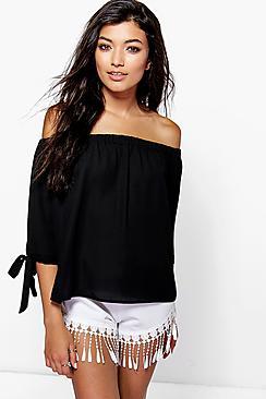 Boohoo Collette Tie Sleeve Woven Bardot Top