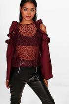 Boohoo Ruffle Lace Cold Shoulder Top