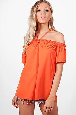 Boohoo Lexi Ruffle Sleeve Cold Shoulder Top