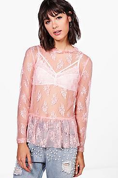 Boohoo Lily Lace Long Sleeve Top With Ruffle Neck