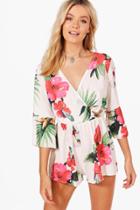 Boohoo Charlotte Hibiscus Print Wrap Front Playsuit Ivory