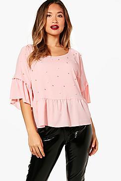 Boohoo Freya Pearl Embellished Woven Smock Top