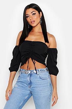 Boohoo Woven Ruched Off Tie Shoulder Crop