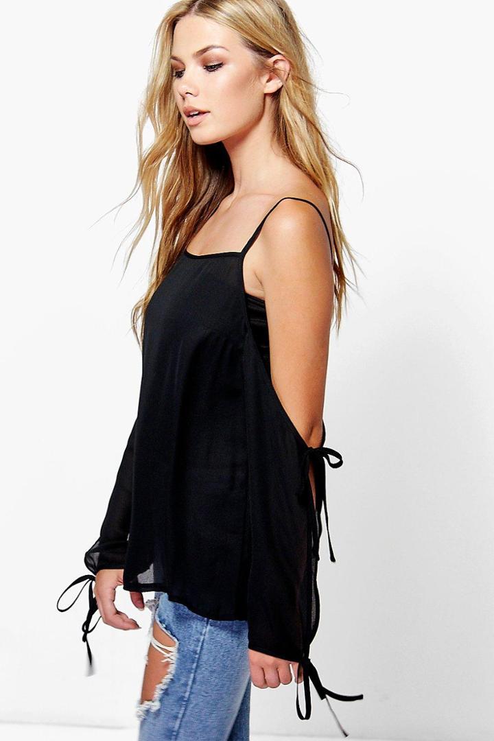 Boohoo Jessica Cold Shoulder Tie Sleeve Top Black