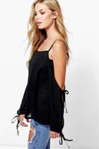 Boohoo Jessica Cold Shoulder Tie Sleeve Top Black