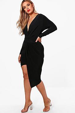 Boohoo Plus Linda Slinky Long Sleeve Plunge Wrap Dress