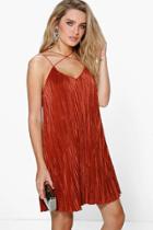 Boohoo Lucy Cross Strap Pleated Swing Dress Chestnut