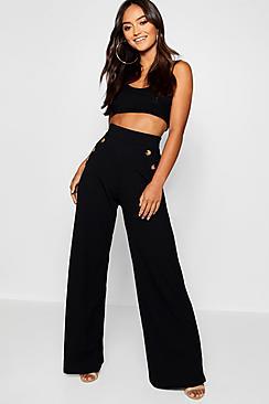 Boohoo Petite Mock Horn Button Rib Wide Leg Trousers
