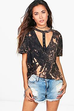 Boohoo Heidi Oversized Washed Plunge Eyelet T-shirt