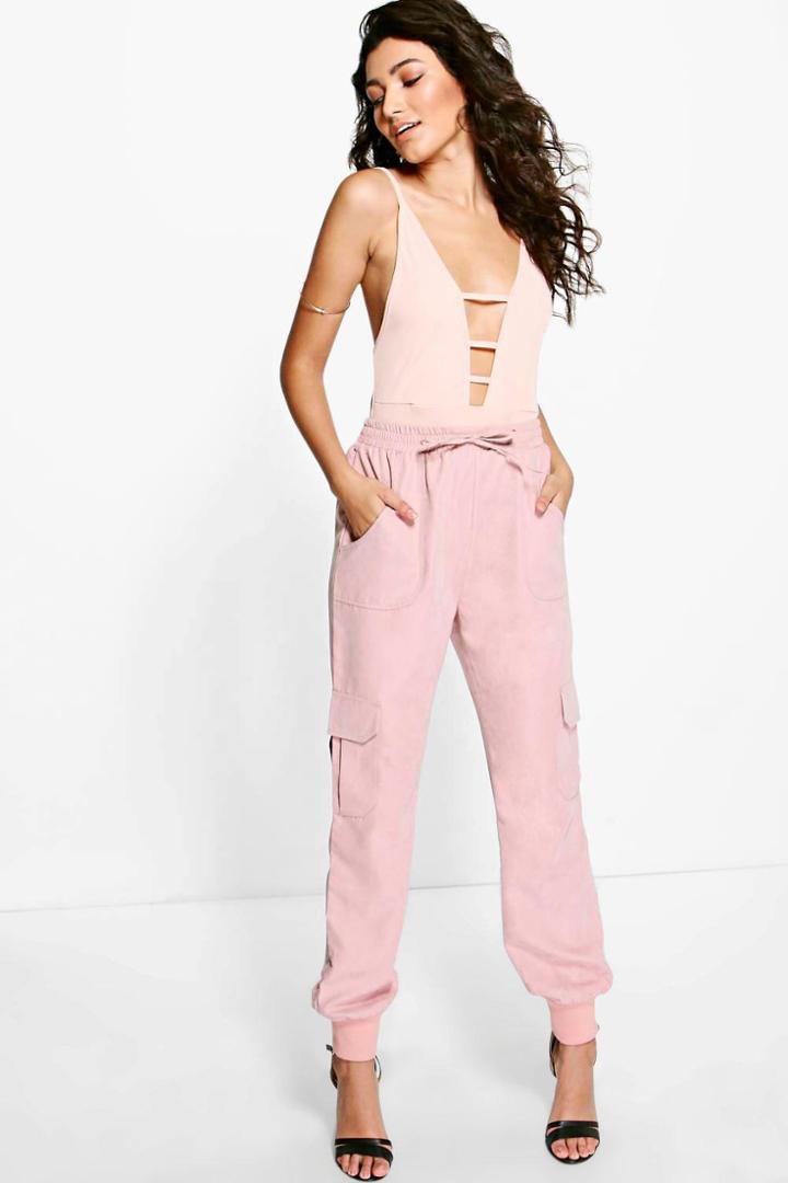 Boohoo Royah Soft Touch Pocket Side Woven Joggers Blush