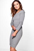 Boohoo Lois Rib Detail Long Sleeve Dress Grey