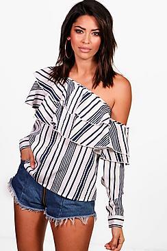 Boohoo Tall Lauren One Shoulder Stripe Ruffle Top