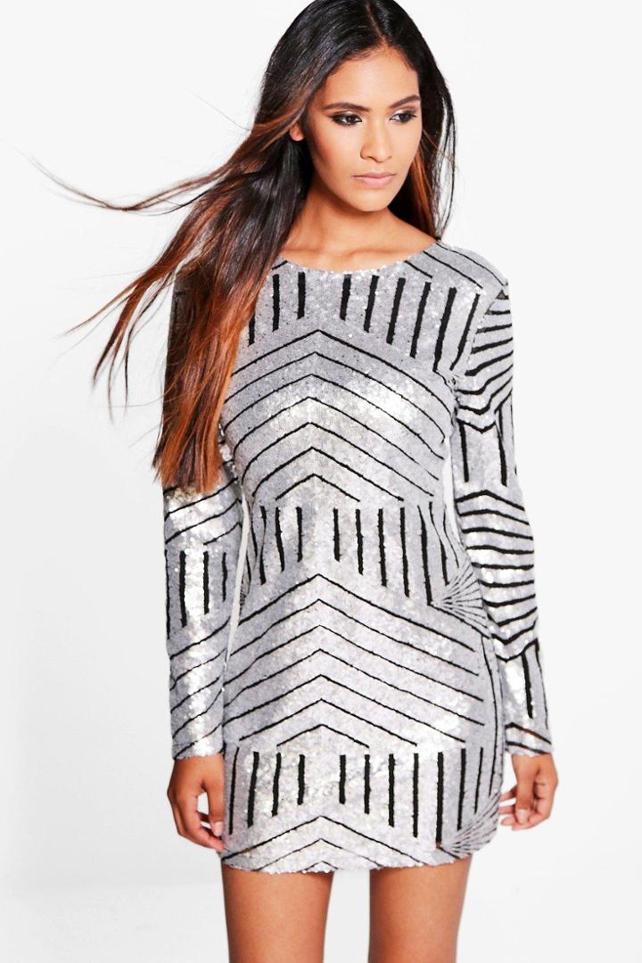 Boohoo Boutique Luci Sequin Mesh Bodycon Dress Silver