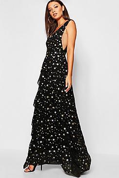 Boohoo Tall Metallic Star Ruffle Maxi Dress