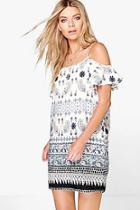 Boohoo Pia Border Print Cold Shoulder Swing Dress