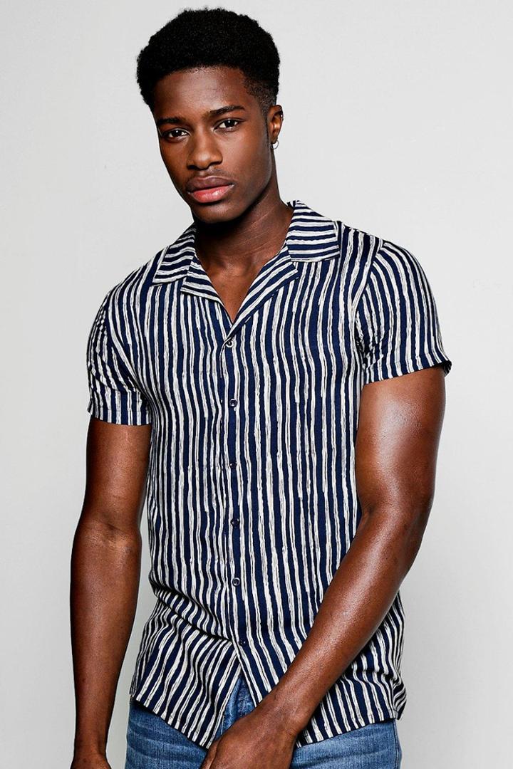 Boohoo Revere Collar Stripe Shirt Navy