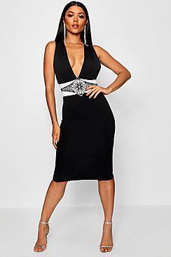 Boohoo Embellished Stud Detail Plunge Midi Dress
