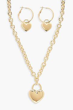 Boohoo Statement Heart Chain Necklace & Hoop Set