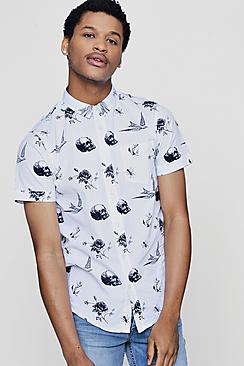 Boohoo Short Sleeve Skull And Rose Print Shirt