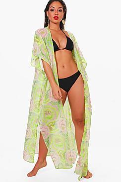 Boohoo Mia Neon Citrus Maxi Beach Kimono