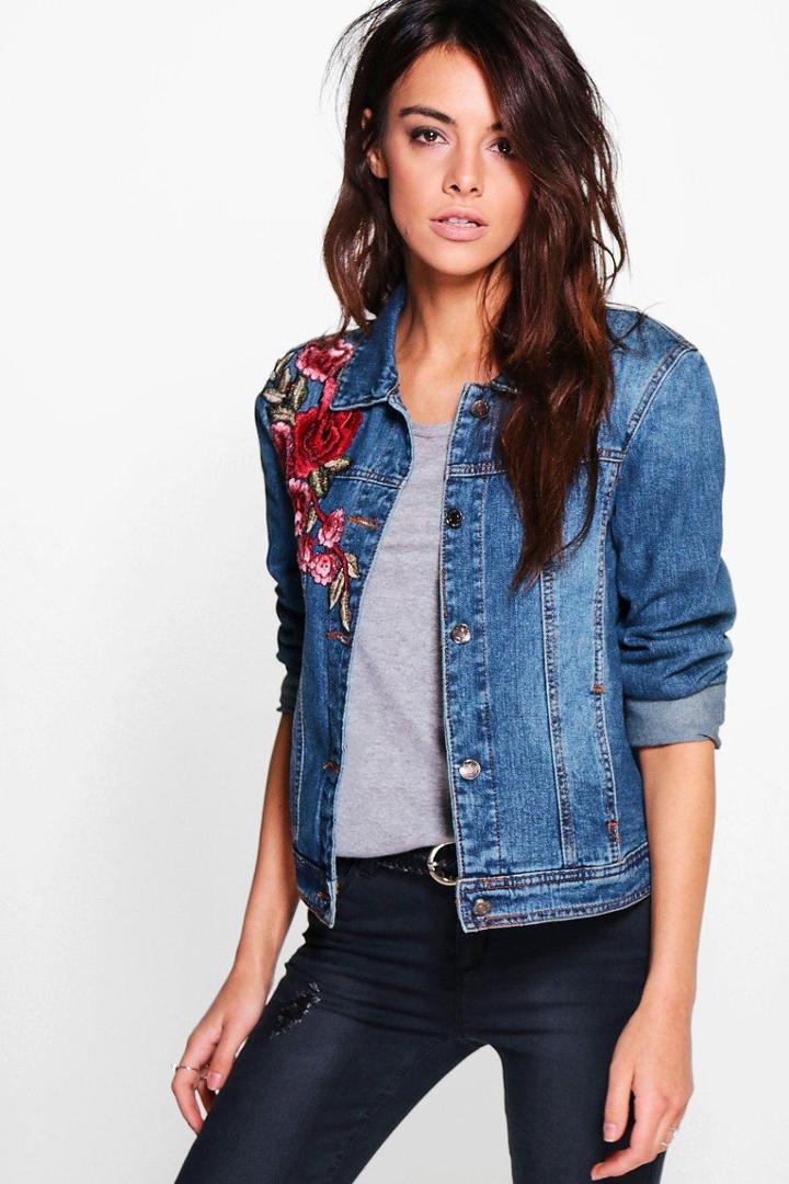 Boohoo Ava Denim Floral Embroidered Jacket Blue