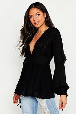 Boohoo Tall Crochet Lace Balloon Sleeve Plunge Front Top