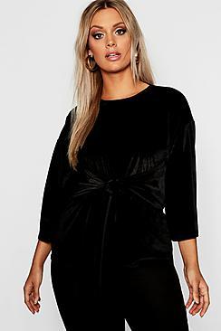 Boohoo Plus Velvet Kimono Tie Waist Top