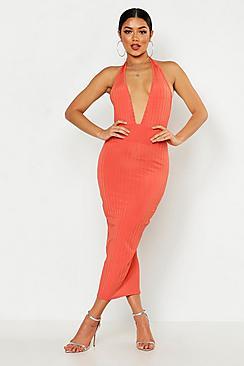 Boohoo Ribbed Halterneck Plunge Midaxi Dress