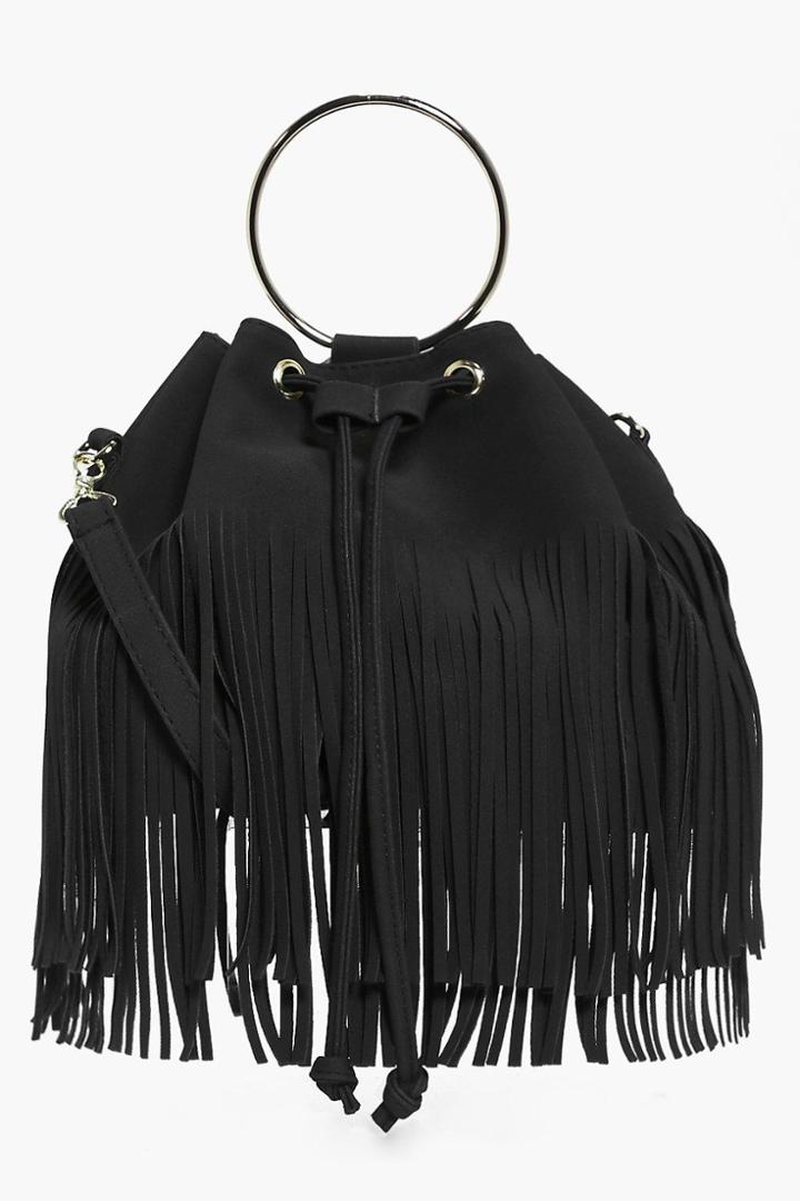 Boohoo Lena Fringed Duffle Bag With Circle Trim Black