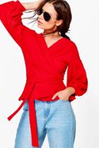 Boohoo Nora Bell Sleeve Wrapover Top Red
