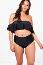 Boohoo Plus Emma Bardot Frill High Waist Bikini Black