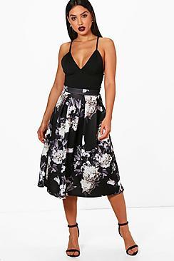 Boohoo Hayley Dark Floral Box Pleat Midi Skirt