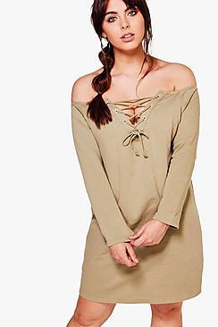 Boohoo Plus Jade Lace Up Open Shoulder Sweat Dress